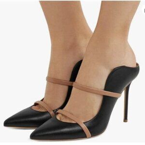 FSJ Women Pointy Toe Mules Sandals High Heels Pumps Double Straps Black Shoes